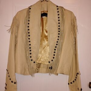 Fringed Studded Cream Leather Jacket - Women
